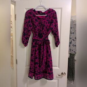 Studio Pink And Navy Floral Shift Dress With Tie Waist And Pockets